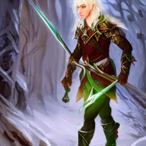 Prompt: High Fantasy dramatic portrait painting of a white haired male elf walking through the snow with a glowing green sword in his hand, leg high, face showing, full body, fantasy clothing, cgsociety, trending on artstation, dnd