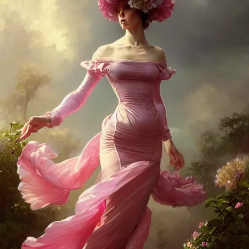 Image similar to !!beautiful!! woman dressed in a vaporous wrapped large victorian pink roses silk semi-transparent dress fashion is running, fantasy, intricate, elegant, highly detailed, digital painting, trending on artstation, concept art, matte, sharp focus, illustration, art by Artgerm and Greg Rutkowski and Alphonse Mucha