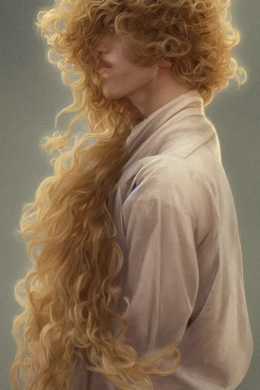 Image similar to beautiful cottagecore pale blond androgynous young man Lucius , long fluffy curly blond hair, pale skin, innocent, intricate, elegant, highly detailed, digital painting, artstation, concept art, smooth, sharp focus, illustration, art by artgerm and greg rutkowski and alphonse mucha