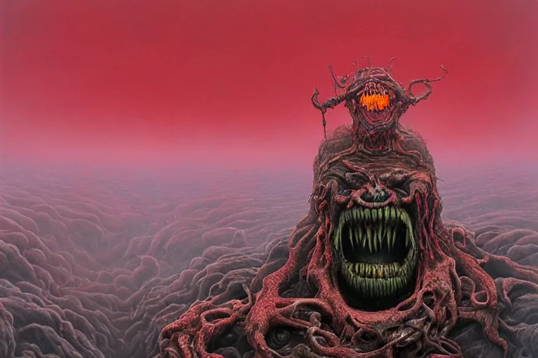 Image similar to Haunting horrifying hyperrealistic detailed painting of a strange bizarre creature sitting atop a mountain of snakes in a foggy hellscape with spread out pools of crimson red gelatinous liquid and goop, eyeballs bulging, sparks of fire flying, dystopian feel, heavy metal, disgusting, creepy, unsettling, in the style of Michael Whelan and Zdzisław Beksiński, lovecraftian, hyper detailed, trending on Artstation