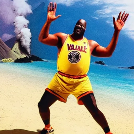 Prompt: Shaquille O'Neal wearing scuba gear in a volcano in the style of King of the Hill