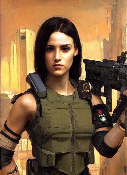 Prompt: Nikki. beautiful cyberpunk female USN marine wearing a military vest and military assault exo-suit (cyberpunk 2077, bladerunner 2049). gorgeous face. Iranian orientalist portrait by john william waterhouse and Edwin Longsden Long and Theodore Ralli and Nasreddine Dinet, oil on canvas. Cinematic, hyper realism, realistic proportions, dramatic lighting, high detail 4k