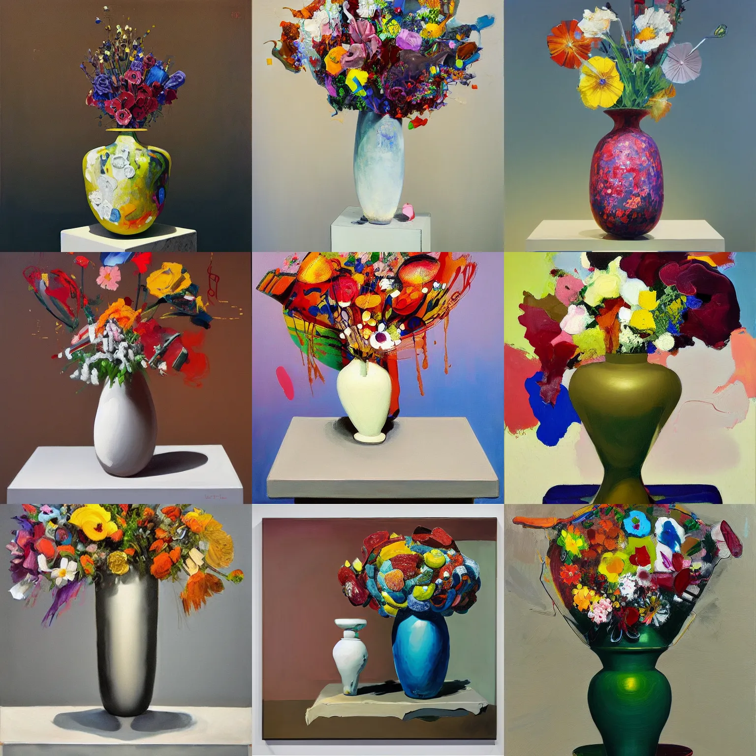 Prompt: ultrafine detailed painting of an abstract vase with flowers on top of a plinth. biomorphic, still life by julian schnabel and john chamberlain, tonalism, oil on canvas, surrealist painting, wikiart, behance, conceptual art, academic art