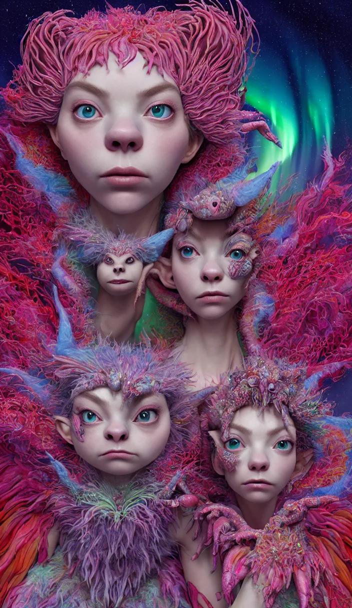 Image similar to hyper detailed 3d render like a Oil painting - kawaii portrait of two Aurora (a beautiful skeksis muppet fae queen protector heroine from dark crystal that looks like Anya Taylor-Joy) seen red carpet photoshoot in UVIVF posing in scaly dress to Eat of the Strangling network of yellowcake aerochrome and milky Fruit and His delicate Hands hold of gossamer polyp blossoms bring iridescent fungal flowers whose spores black the foolish stars by Jacek Yerka, Ilya Kuvshinov, Mariusz Lewandowski, Houdini algorithmic generative render, Abstract brush strokes, Masterpiece, Edward Hopper and James Gilleard, Zdzislaw Beksinski, Mark Ryden, Wolfgang Lettl, hints of Yayoi Kasuma and Dr. Seuss, octane render, 8k