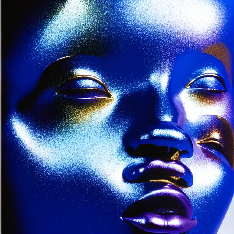 Image similar to portrait of iridescent metallic face, african woman, mercury, smooth reflections, proud looking away, outdoor, blue sky, 8 k, realistic, depth of field, highly detailed, award winning photography, by richard mosse