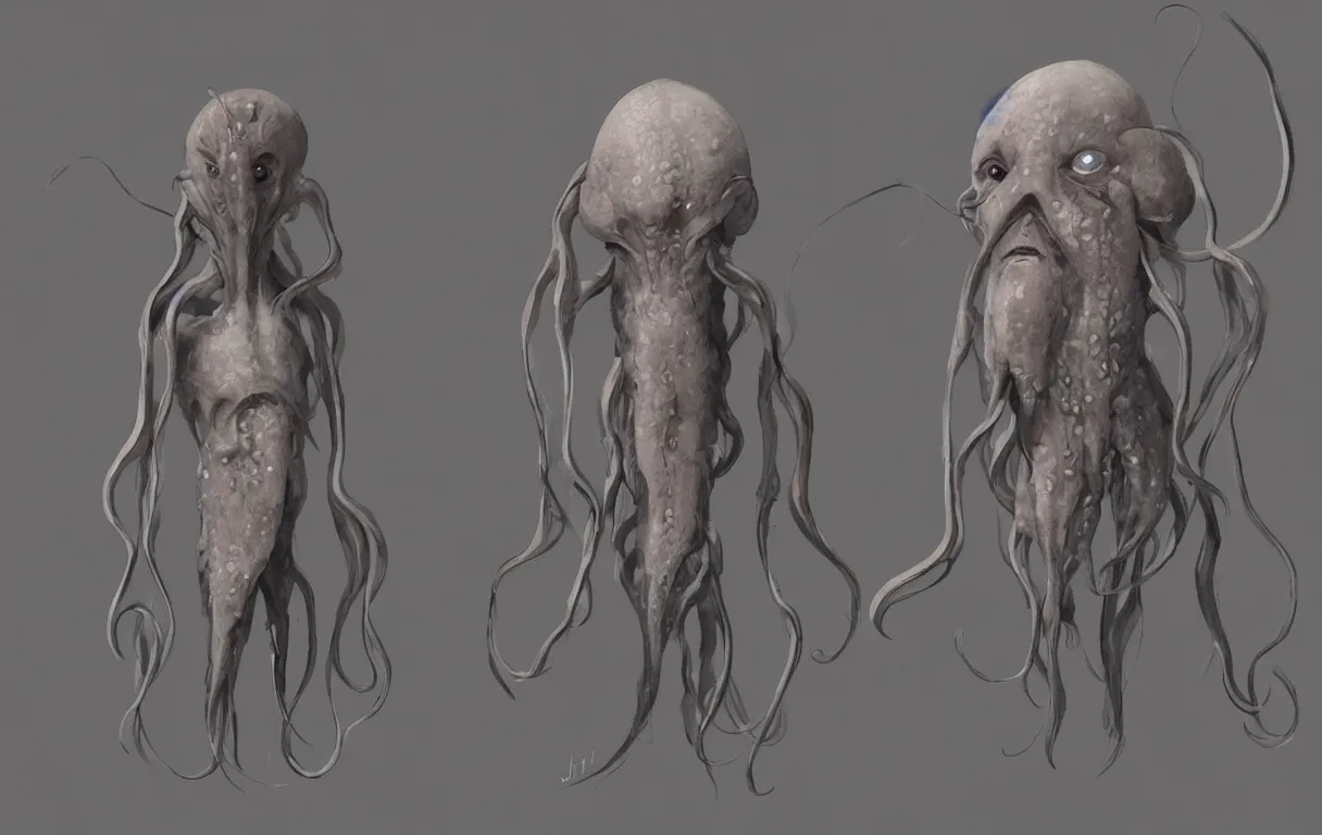 Prompt: humanoid squid with grey skin in robes looking at the viewer, concept art by jama jurabaev
