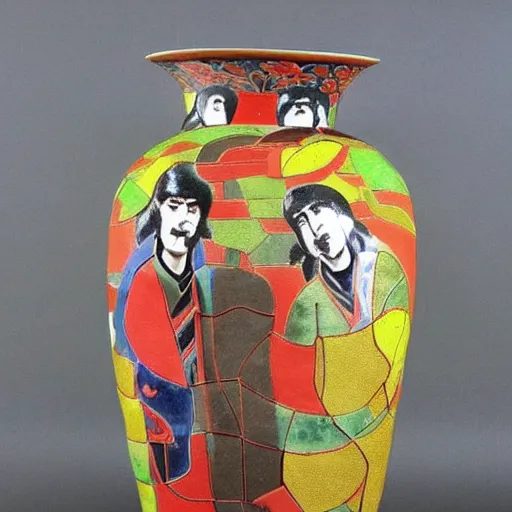 Prompt: vase work, vase art of The beatles in art style of chinese art, fragmented clay firing chinese vase with an The beatles, chinese art!!!!! chinese art