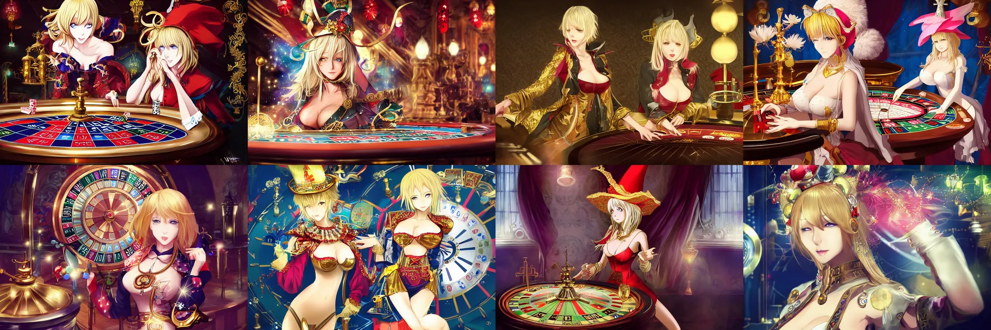 Prompt: Digital anime art by WLOP and Mobius, A casino table with a large metal roulette wheel, beautiful blonde woman, wearing a court jester outfit, jester hat with bells, highly detailed, intriguing lighting