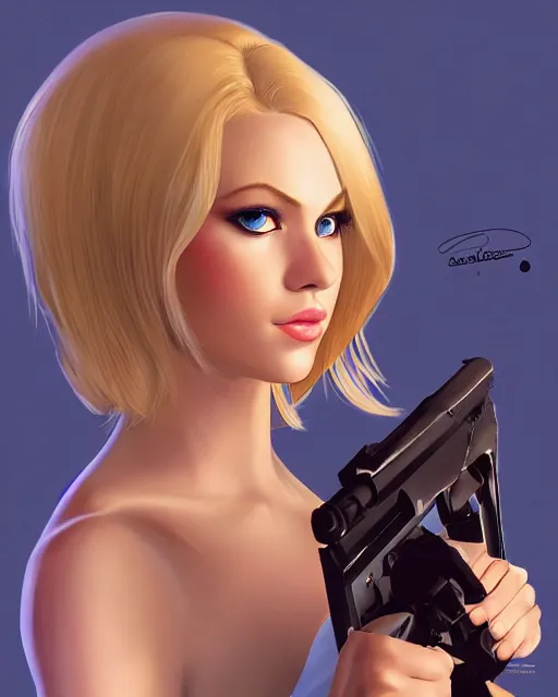 Image similar to side closeup of beautiful blonde female with blue eyes aiming l 9 6 a 1 rifle at target, award winning photography, extremely detailed, artstation, 8 k, sensual lighting, incredible art, wlop, pixar, disney, artgerm, backlit, rim lighting, hi - fructose, cellshading, intricate lineart