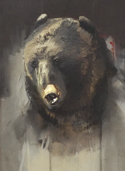 Image similar to portrait painting of anthropomorphic black bear in traditional japanese clothes by jeremy mann, only one head single portrait