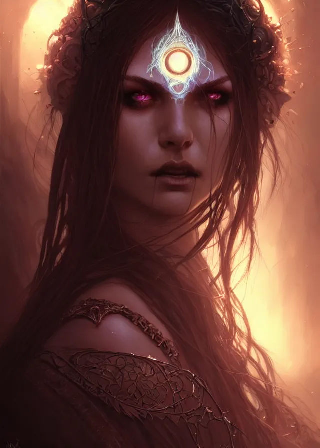 Image similar to Necromancer Sorceress face close-up macro in center, fantasy magic, undercut hairstyle, dark light night, intricate, elegant, sharp focus, illustration, highly detailed, digital painting, concept art, matte, art by WLOP and Artgerm and Greg Rutkowski and Alphonse Mucha, masterpiece