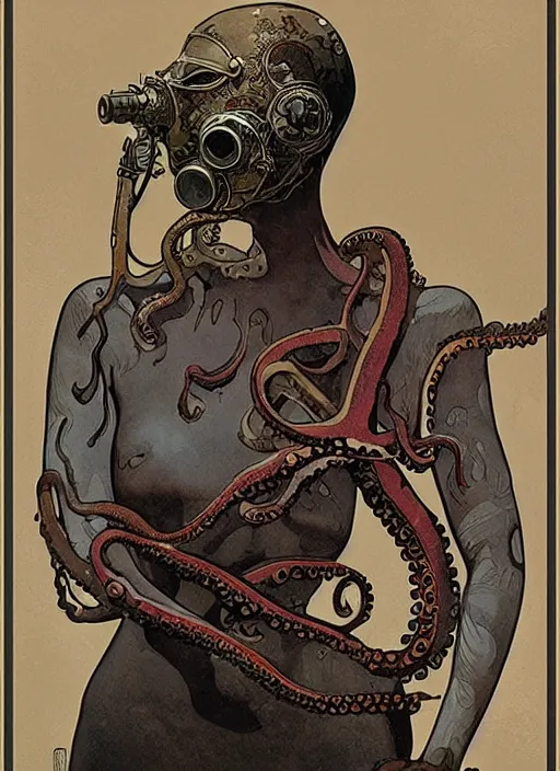 Image similar to a girl wearing octopus gas mask, poster by james jean, greg rutkowski, giger, alphonse mucha, andrew wyeth