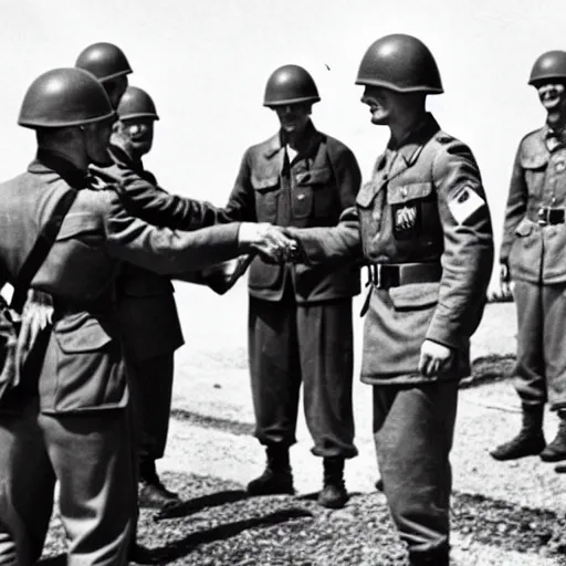 Prompt: WWII, historic photo of soldiers shaking hands, emotional photo, V-Day
