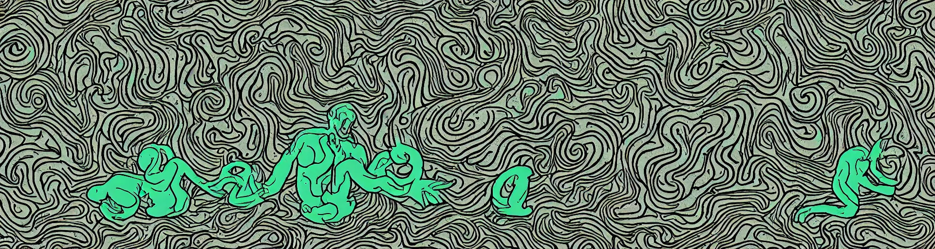 Prompt: meditating Cthulhu lost in Twin Peaks while David Lynch is shape-shifting in the background, fractal tile, mike judge art style, 90s mtv illustration