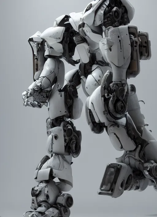 Image similar to a Photorealistic dramatic hyperrealistic full frame render of a futuristic exosuit warrior Mech,Ultra realistic details,glossy white metal,weathered surfaces,by Hidetaka Tenjin,Yoh Yoshinori,Yoji Shinkawa,Masamune Shirow,Beautiful dramatic dark moody tones and lighting,cinematic atmosphere,studio lighting,shadows,dark background, Octane render,8K