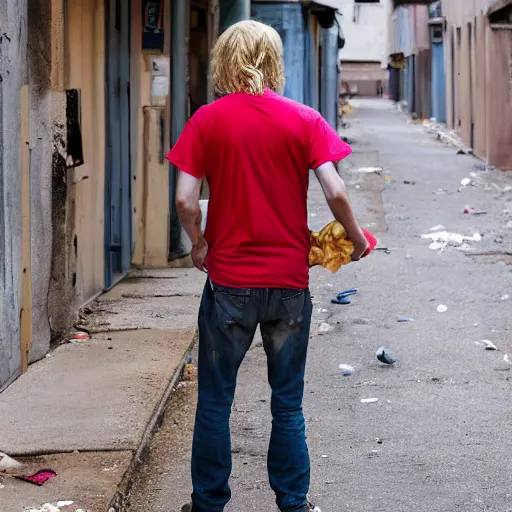 Prompt: A photo of a disheveled man, clean blonde hair, clear eyes, clean shaven, messy, red shirt, crack head, back alley, scars, trash barrels