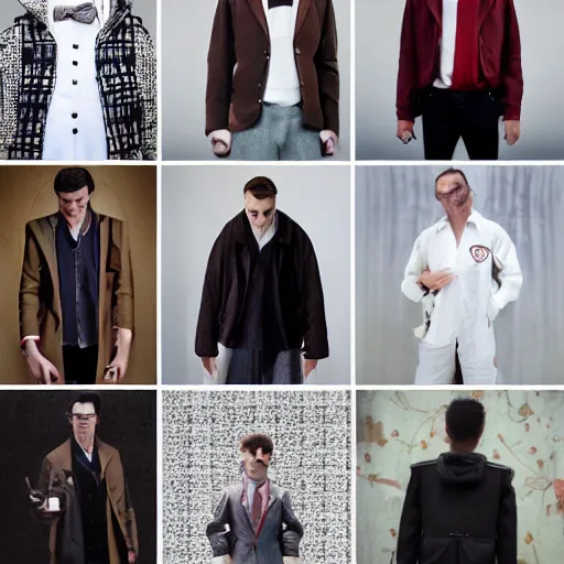 Image similar to outlive smart casual collection lookbook grid, in the style of grand chamaco and stanley kubrick, inspired by rpg fantasy characters, photorealistic, epic, super technical, cinematic still