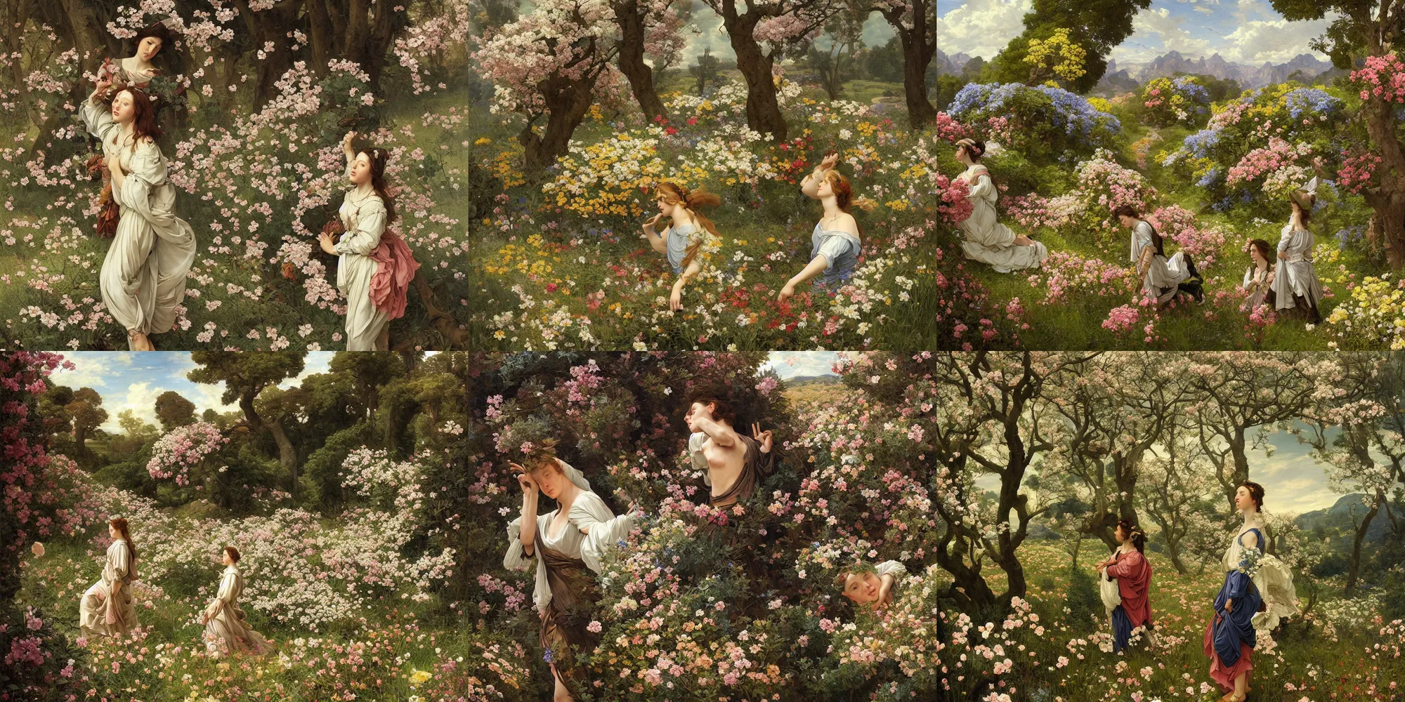 Prompt: a valley full of tree in flowers. wind blow petals. full - length, oil painting in a renaissance style, very detailed, painted by caravaggio, greg rutkowski, sachin teng, thomas kindkade, alphonse mucha, norman rockwell, tom bagshaw.