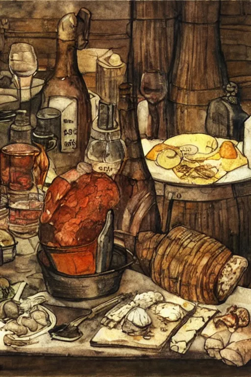 Image similar to pork, meat, schnapps, cheese, candle on a barrel in a cellar, watercolor painting by anderz zorn and carl larsson