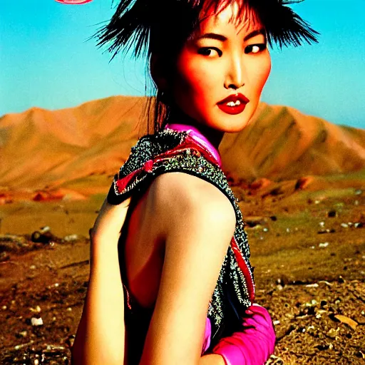 Image similar to a beautiful professional photograph by hamir sardar, herb ritts and ellen von unwerh for the cover of vogue magazine of a beautiful and unusually attractive tibetan female fashion model looking at the camera in a flirtatious way, zeiss 5 0 mm f 1. 8 lens