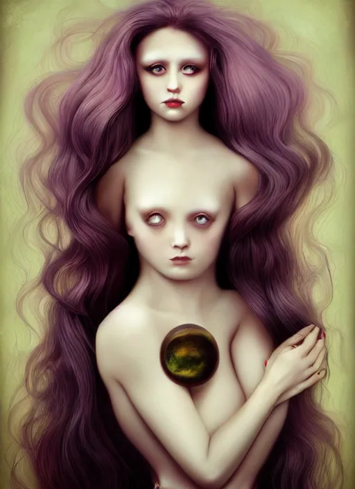 Prompt: pop surrealism, hyper realism, muted colors seductive female venus, cute girl, long hair, art by natalie shau, trevor brown