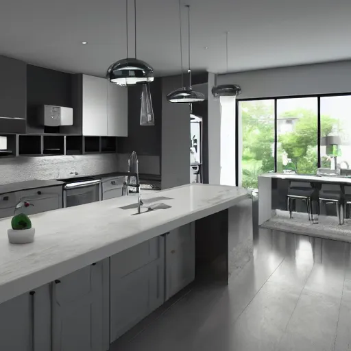 Image similar to crystal ball with mini modern kitchen inside it, octane render hyperdetailed,