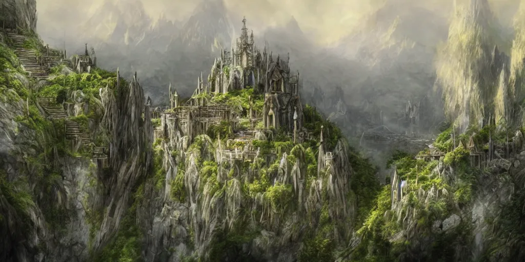 Image similar to an elven city built into the side of a mountain, pristine, by alan lee, lord of the rings, smooth, detailed terrain, oil painting, extremely detailed matte painting, trending on artstation