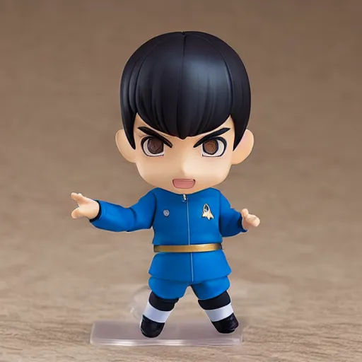 Prompt: spock from the tv series star trek, serious look, pointed ears, spock haircut, as an anime nendoroid, starfleet uniform, detailed product photo