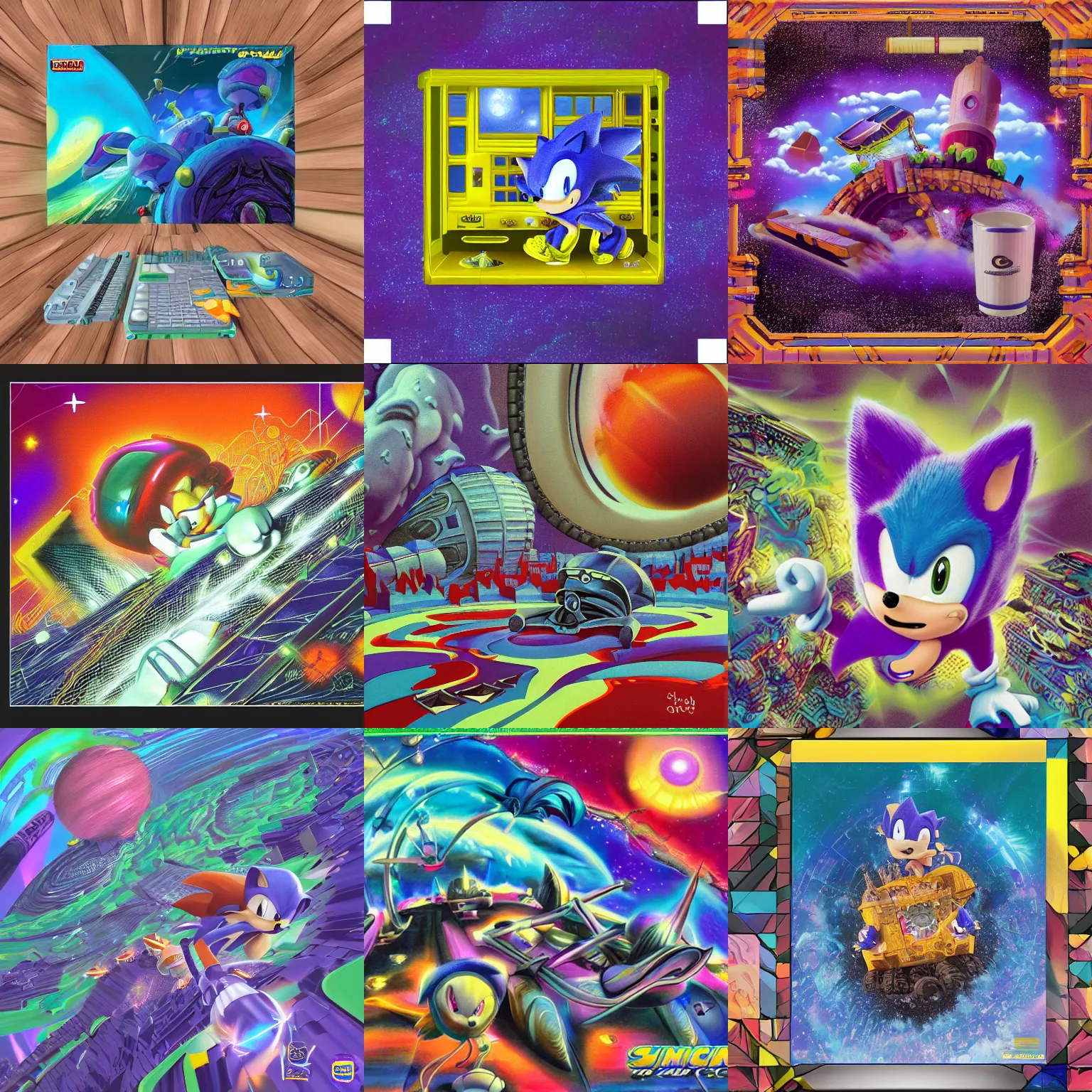 Prompt: dreaming of sonic hedgehog portrait deconstructivist claymation scifi matte painting landscape of a surreal stars, jazz cup detailed professional soft pastels high quality airbrush art album cover of a viscous dissolving airbrush art lsd sonic the hedgehog swimming through cyberspace purple teal checkerboard background 1 9 9 0 s 1 9 9 2 sega genesis rareware video game album cover