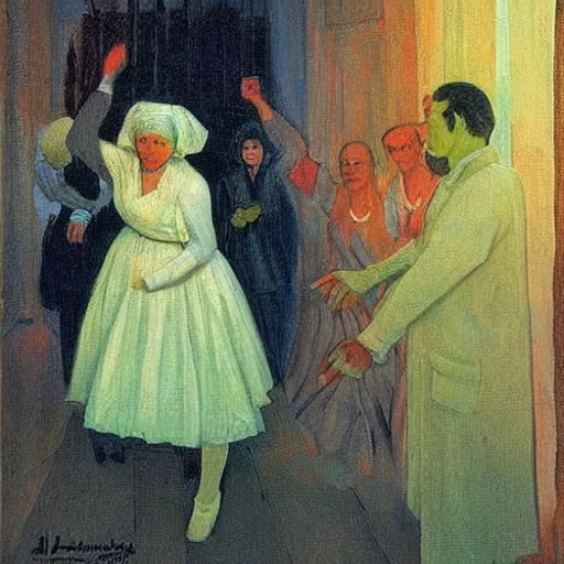 Prompt: haunting by konstantin yuon, by michael ancher. the street art features a group of monsters who live in a castle & have to deal with frankenstein's monster.