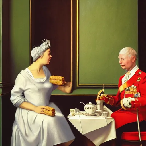 Image similar to the queen of england having tea and bisquits by Raphael, Hopper, and Rene Magritte. detailed, romantic, enchanting, trending on artstation.