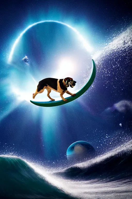 Prompt: beagle dog surfing a surfboard on a sparkly crashing wave of stardust in space, background is a moon in nebula, octane render, unreal engine, wide view, 8 k, highdetaild