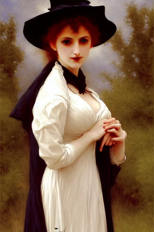 Image similar to victorian vampire in a big hat, white dress, painting by rossetti bouguereau, detailed art, artstation