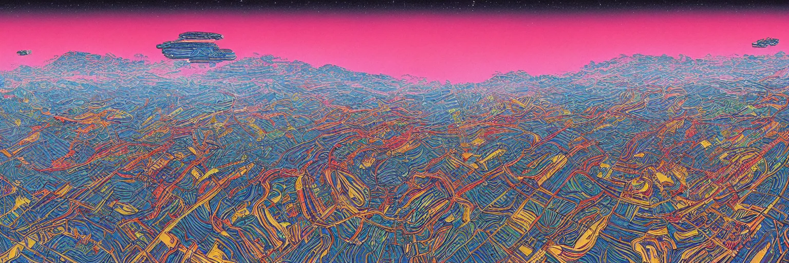 Image similar to a hyperrealistic rendering of a pop art scifi illustration panorama landscape pattern, deep color, futuristic, cyber by Peter Elson and Kawase Hasui, scifi superrealism