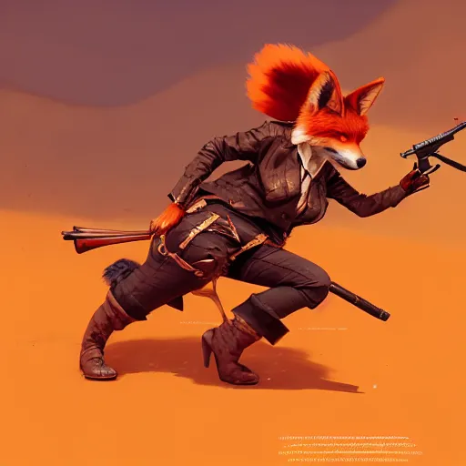 Prompt: splash art of cute anthropomorphic vulpes vulpes fulva as a bounty huntress in wild west in a gunfight, rugged clothes, motion blur, bullets whizzing, high energy : by weta, greg rutkowski, wlop, ilya kuvshinov, rossdraws, artgerm, octane render, iridescent