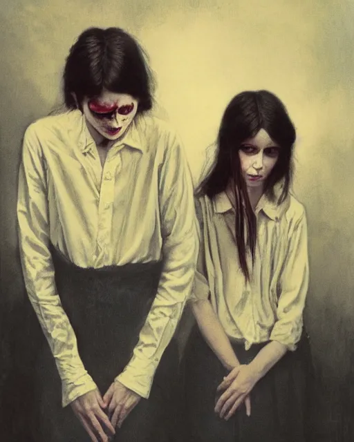 Image similar to two beautiful but creepy siblings wearing oxford shirts in layers of fear, with haunted eyes and dark hair, 1 9 7 0 s, seventies, wallpaper, a little blood, morning light showing injuries, delicate embellishments, painterly, offset printing technique, by brom, robert henri, walter popp