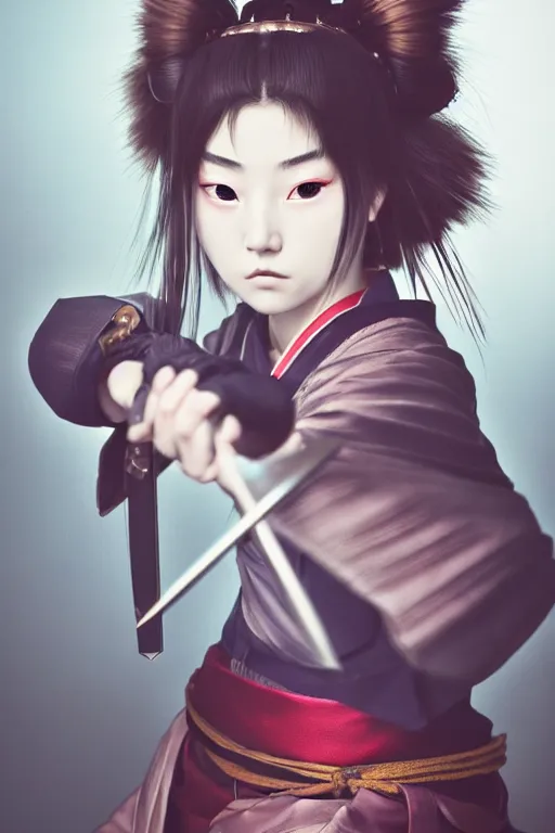 Image similar to highly detailed beautiful photo of a young female samurai, practising sword stances, symmetrical face, beautiful eyes, realistic anime art style, 8 k, award winning photo, pastels, action photography, 1 / 1 2 5 shutter speed, dramatic lighting