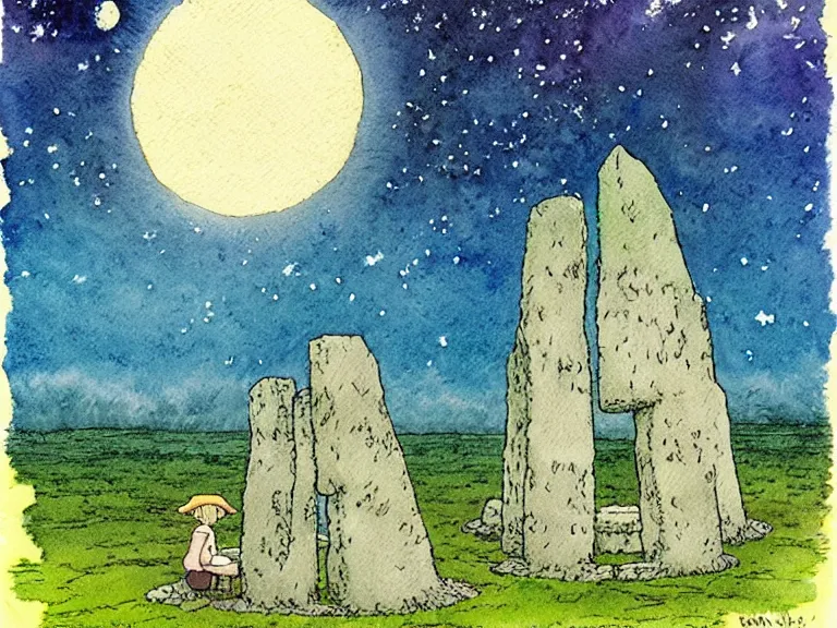 Image similar to a simple watercolor studio ghibli movie still fantasy concept art of a giant monnk sitting in a tiny stonehenge. it is a misty starry night. by rebecca guay, michael kaluta, charles vess