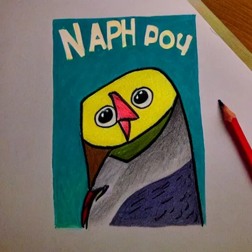 Image similar to a drawing of a happy bird with a text that says noah