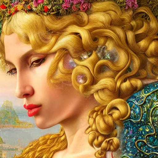 Prompt: photo realistic, hyper realism, lady gaga artpop act ii album, intricate detail, hyper detail, gaston bussiere, sandro botticelli style, with honey light brown rapunzel hair, detailed, masterpiece, sharp focus,