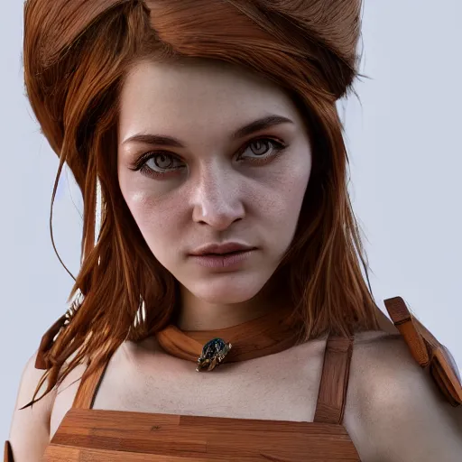 Image similar to beautiful girl in a dress made of wood, beautiful portrait, symmetrical, character concept style trending on artstation concept art detailed octane render cinematic photo - realistic 8 k high detailed