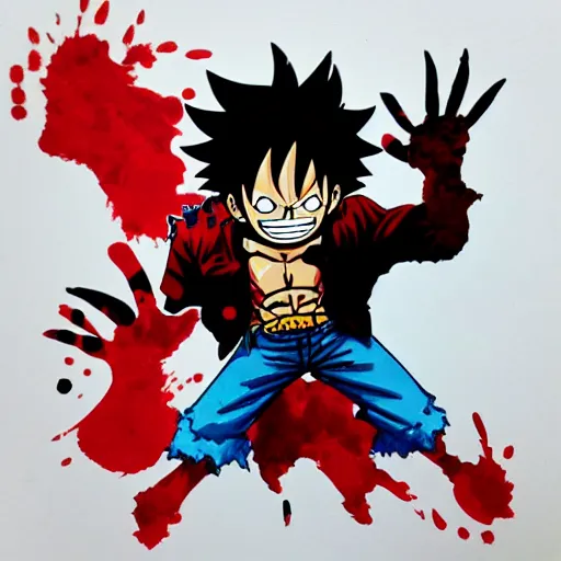 Image similar to die cut sticker, luffy gear 5, splatter paint on paper