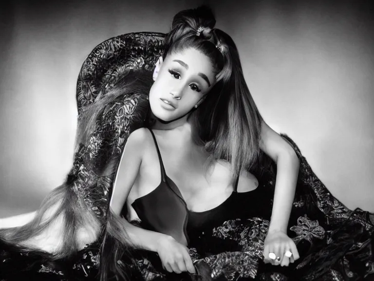 Image similar to award winning photo of Ariana Grande on a chesterfield lounge, symmetrical face, beautiful eyes, studio lighting, wide shot art by Sally Mann & Arnold Newman