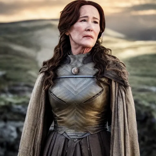 Prompt: mary mcdonnell as catlyn stark from game of thrones golden hour cinematic
