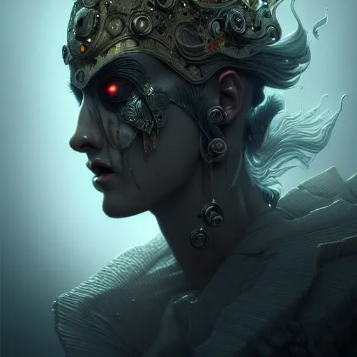 Image similar to mourning crying ghost, very detailed face, detailed features, fantasy, circuitry, explosion, dramatic, intricate, elegant, highly detailed, digital painting, artstation, concept art, smooth, sharp focus, illustration, art by Gustave Dore, octane render