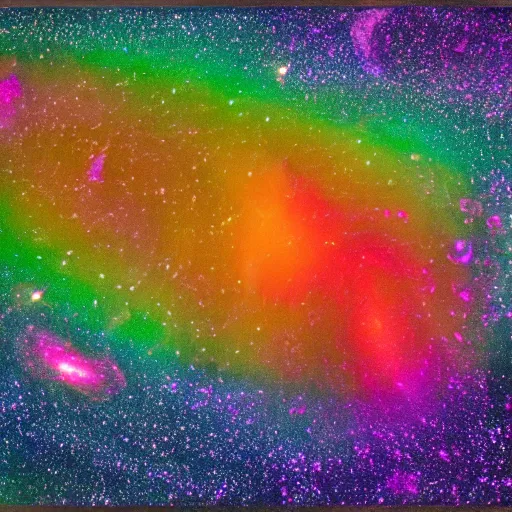 Prompt: a photo split into three horizontal sections. the top layer is the auora borealis. the middle layer is a mix between a giant squid, killer whale, and crab which swims under water amongst a school of colorful fish. the bottom layer is galaxies of outer space. 4 k, realistic