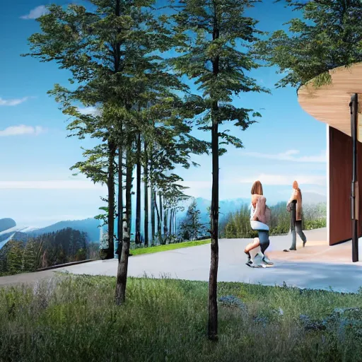 Prompt: a near - future health and wellness clinic with an inspiring view of nature