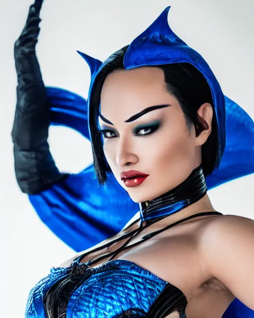 Image similar to Beautiful close highly detailed portrait of Kitana from Mortal Kombat in her iconic signature main outfit. Award-winning photography. XF IQ4, 150MP, 50mm, f/1.4, ISO 200, 1/160s, natural light, rule of thirds, symmetrical balance, depth layering, polarizing filter, Sense of Depth, AI enhanced