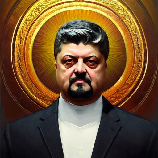 Image similar to symmetry!! intense portrait of petro poroshenko without beard and mustache, saint, intricate, elegant, highly detailed, my rendition, digital painting, artstation, concept art, smooth, sharp focus, illustration, art by artgerm and greg rutkowski and alphonse mucha