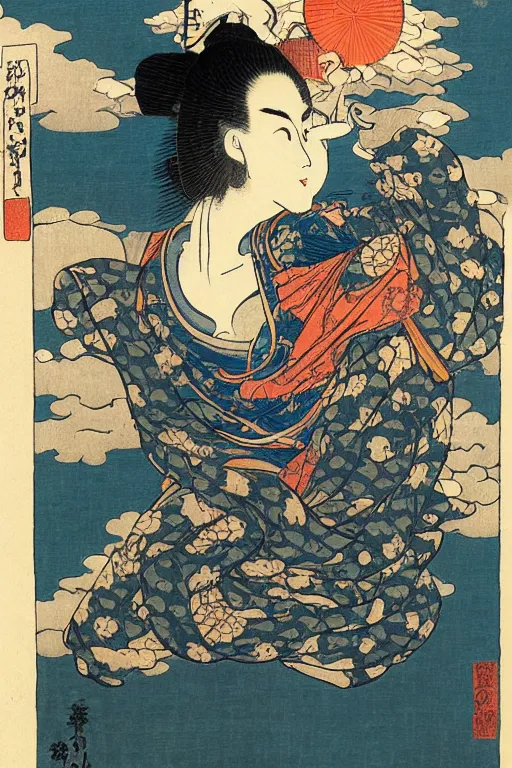 Image similar to a godess with headphones in a silent disco rave, by katsushika hokusai, by ralph steadman, storybook illustration, cool color palette, in a symbolic and meaningful style, space sci - fi of ancient religion, single figure